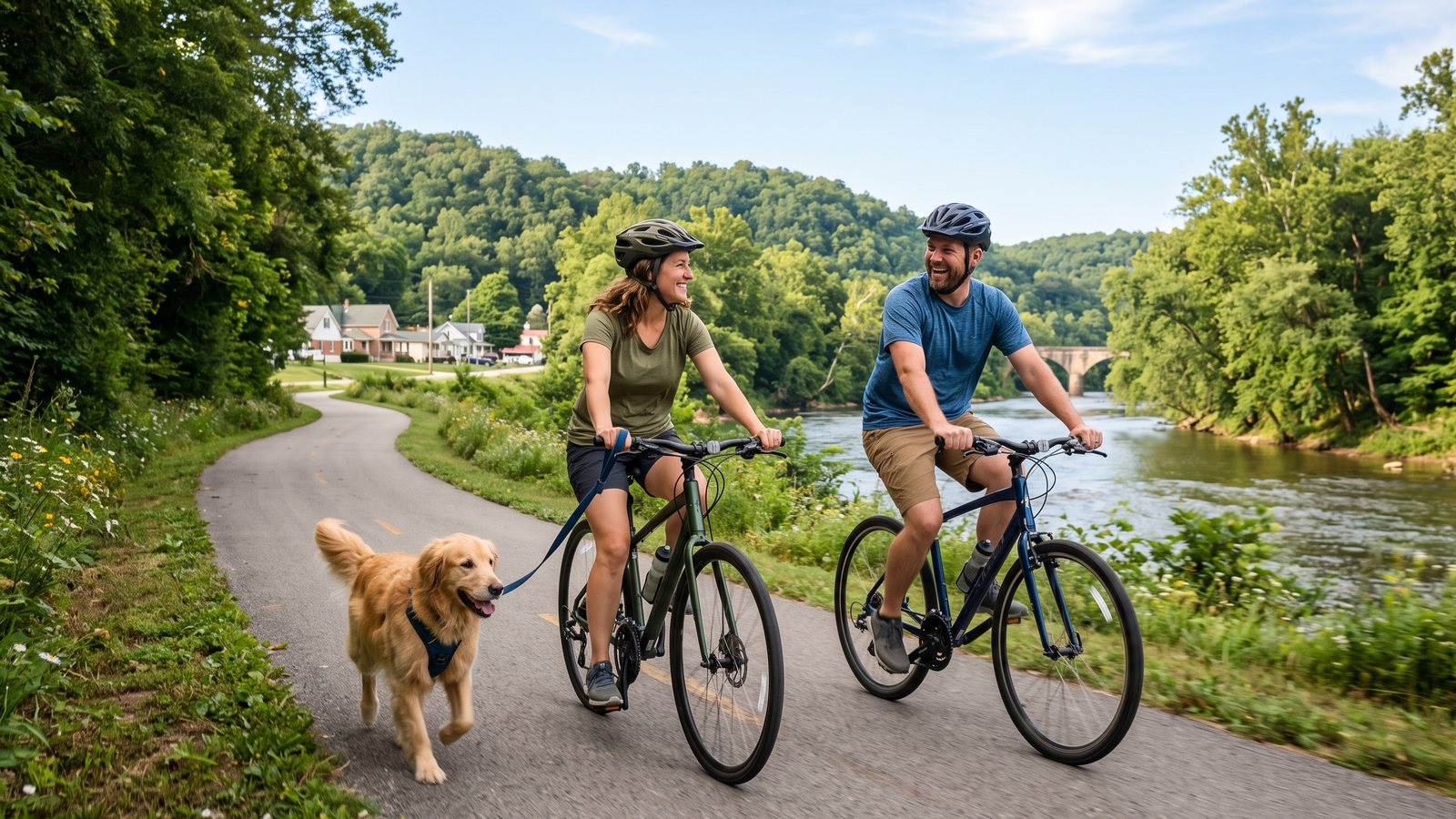 A smiling couple in helmets ride bicycles along a riverside greenway on a bright morning while a golden retriever trots beside them on a leash.
