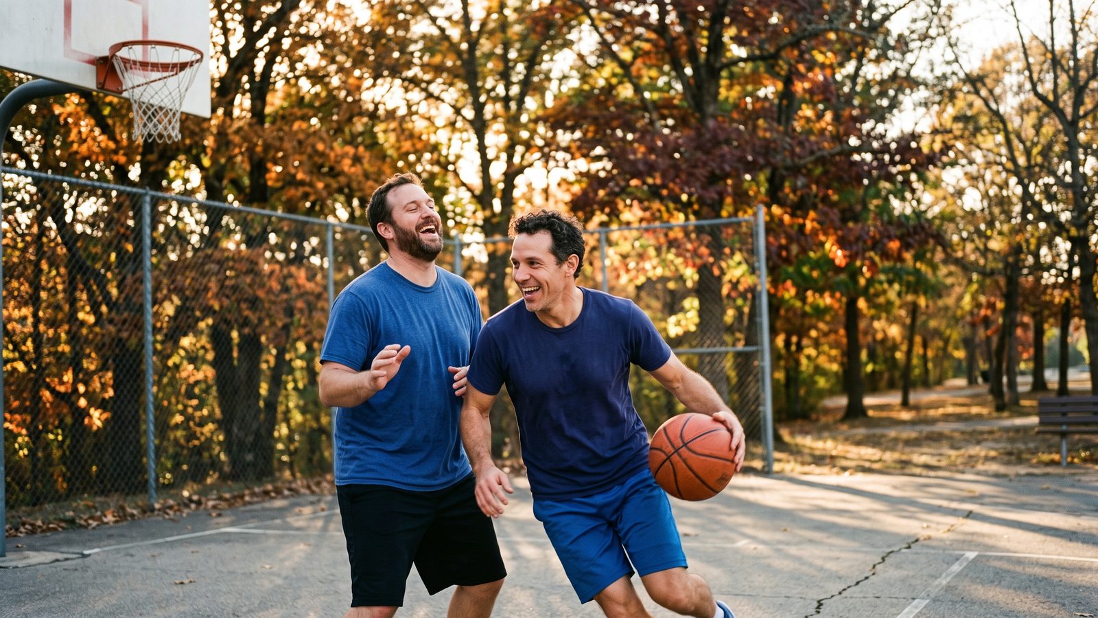 Two men in blue T-shirts laugh while playing a game of one-on-one basketball on an outdoor court lined with autumn trees.