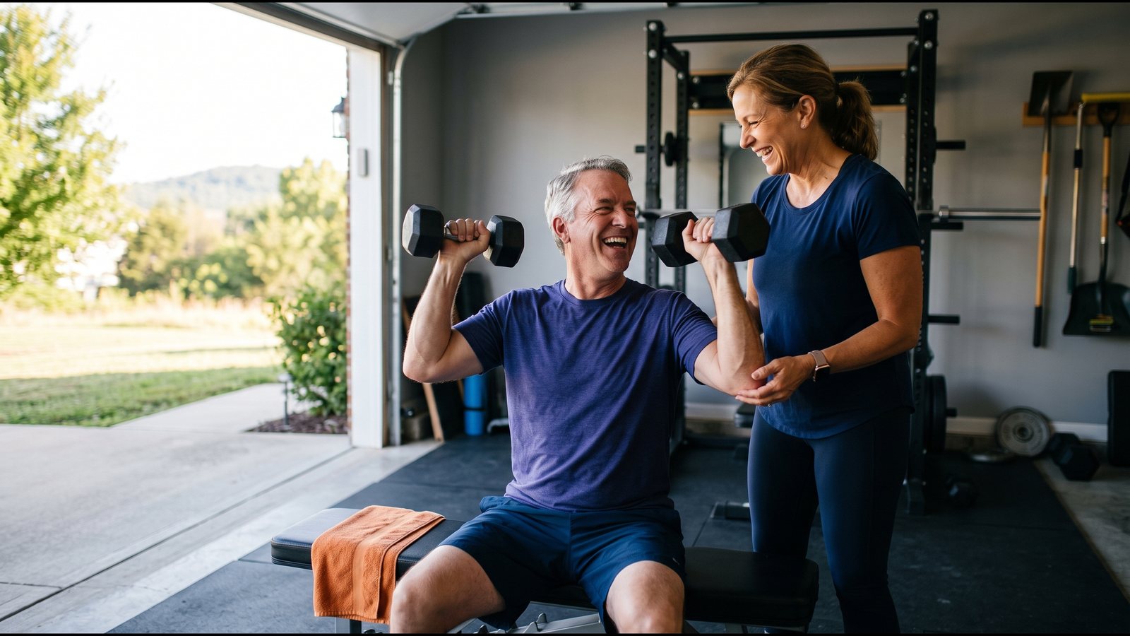 Couple in their forties laughing during a workout in a home garage gym