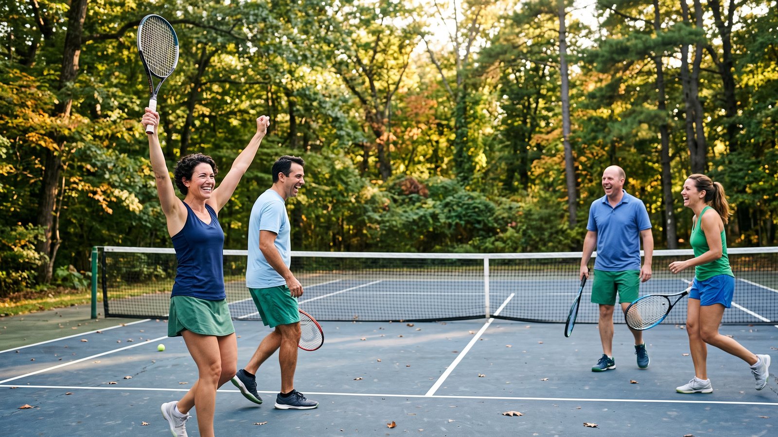 Four friends in their forties play doubles on a tree-lined outdoor tennis court as one woman raises her racket in celebration.