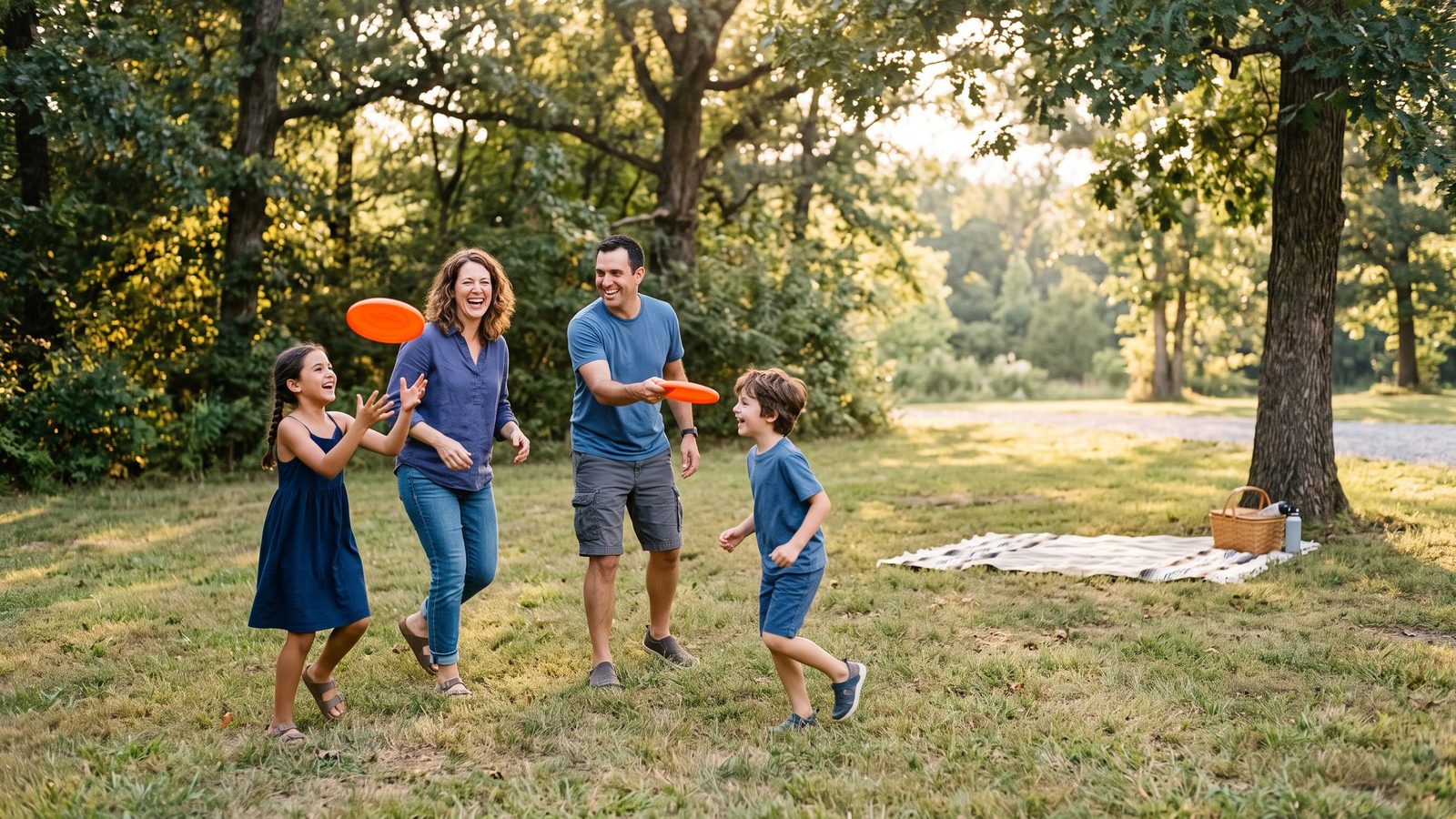 A mother, father, and their two young children laugh while tossing orange flying discs on the grass of a shady park beside a picnic blanket.