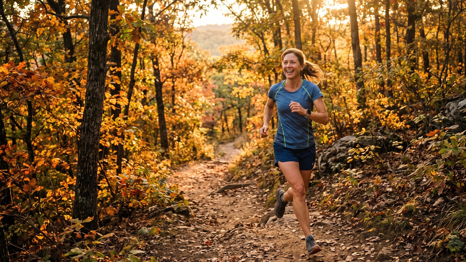 A smiling woman in a blue shirt jogs along a wooded Ozark trail lined with orange and gold autumn trees in early morning sunlight.