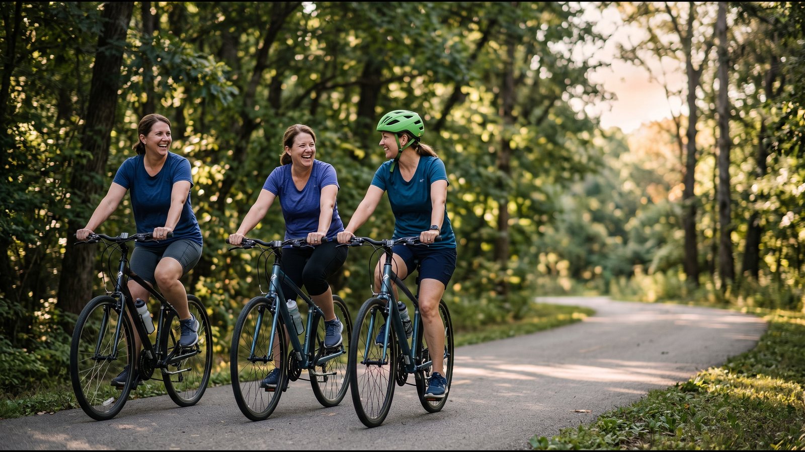 Friends in their forties cycling together on a sunny greenway trail