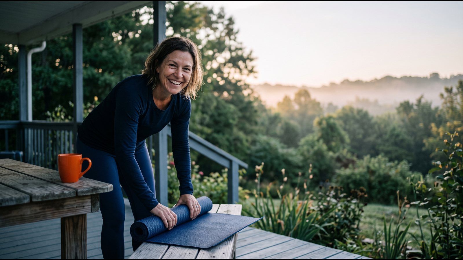 Woman in her forties doing relaxed yoga stretches on a sunny porch