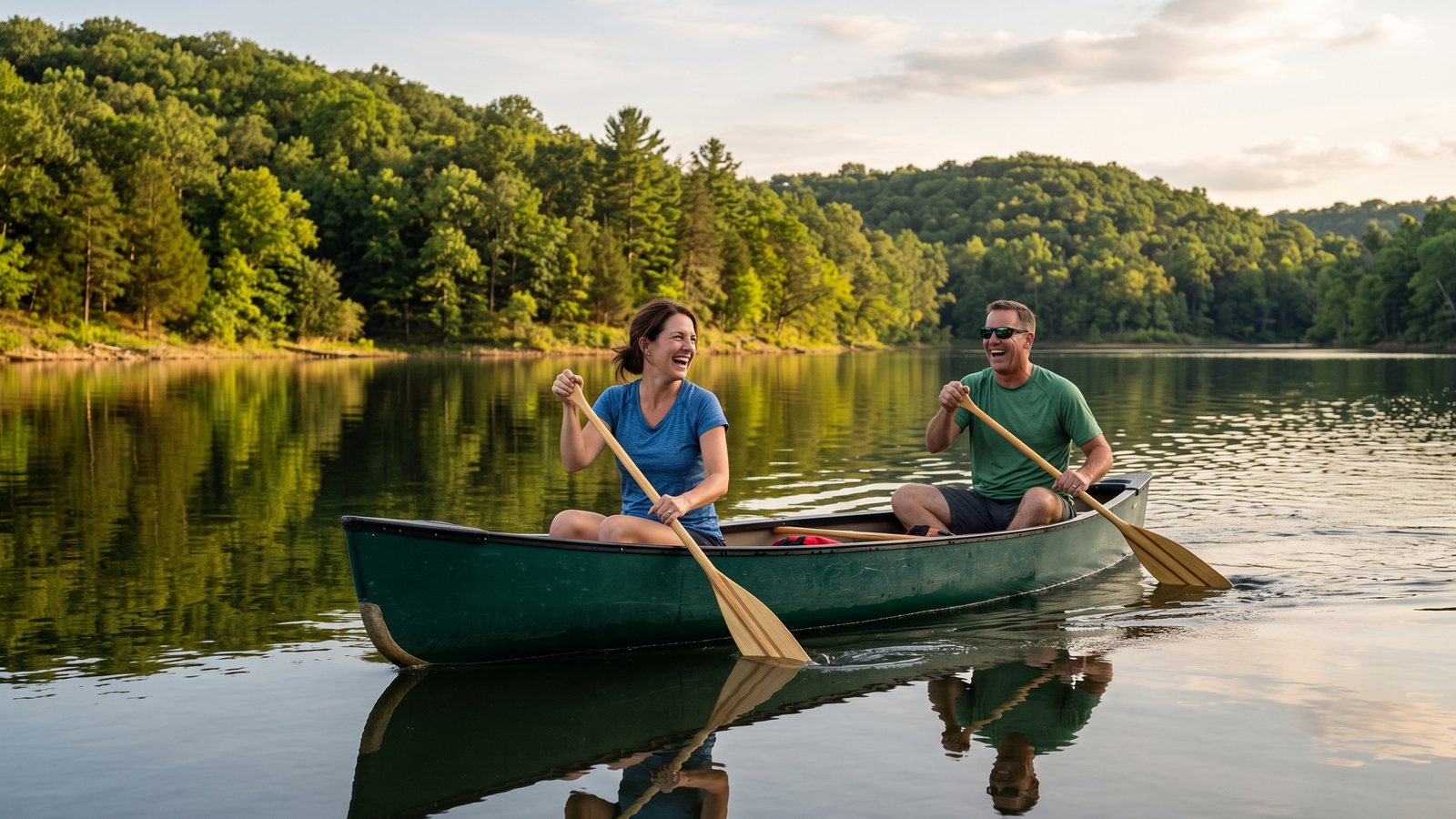 A laughing man and woman paddle a green canoe across a calm lake, with wooded green hills reflected in the still water.