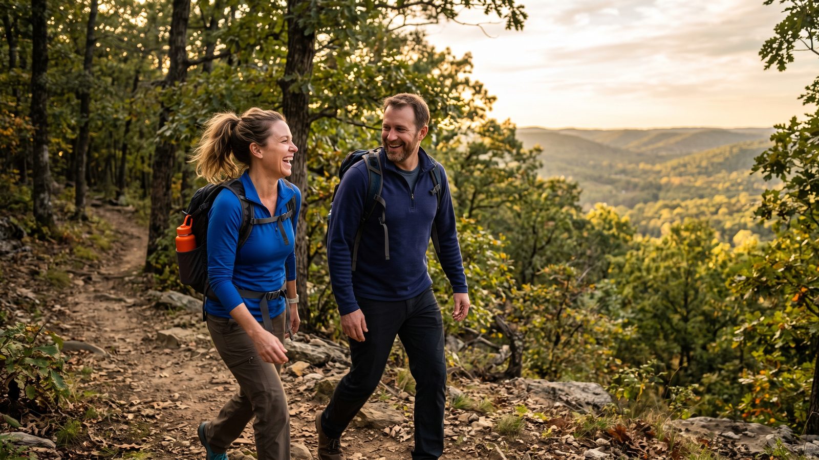 A smiling man and woman in blue pullovers hike a wooded mountain trail with backpacks above a valley of rolling, autumn-tinged hills at sunset.