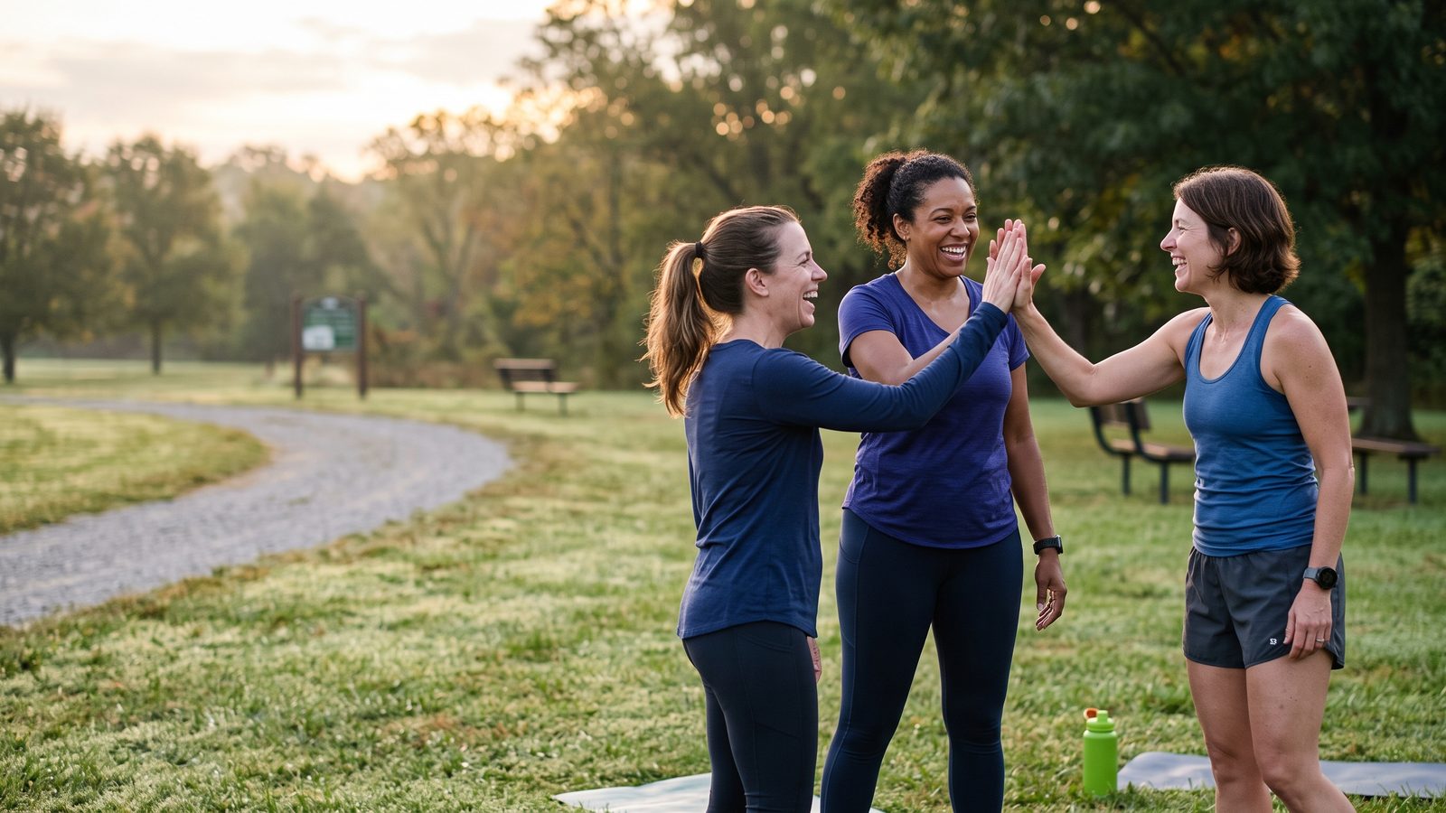 Three women in workout clothes laugh and share a high five on the grass of a park at sunrise, with a walking path and picnic tables behind them.