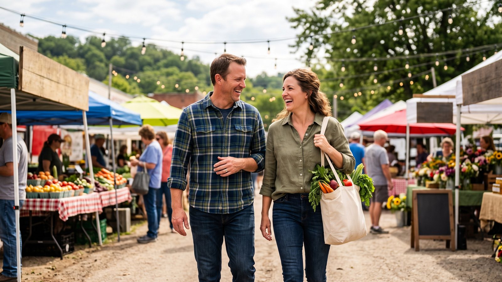 A smiling man and woman in their forties walk through a sunny outdoor farmers market carrying a canvas tote full of fresh vegetables, with produce stalls and string lights behind them.