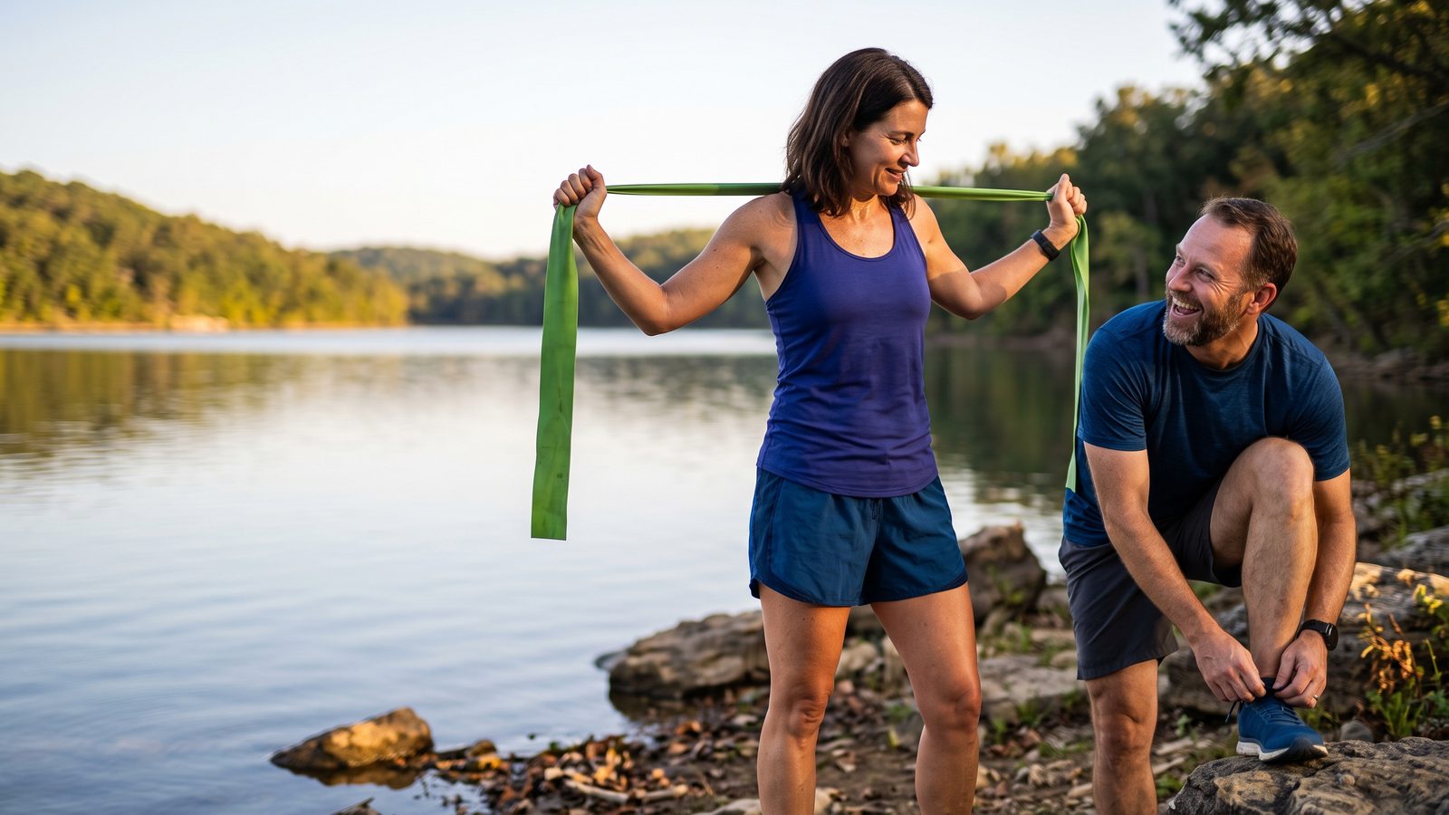 A woman stretches a green resistance band behind her shoulders on a rocky lakeshore while a smiling man kneels beside her to tie his running shoe.