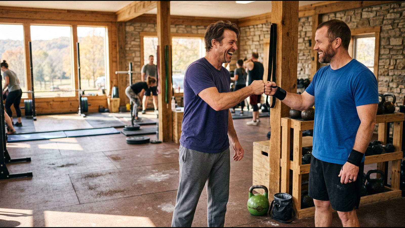 Two men in their forties fist-bumping between kettlebell sets at a local gym