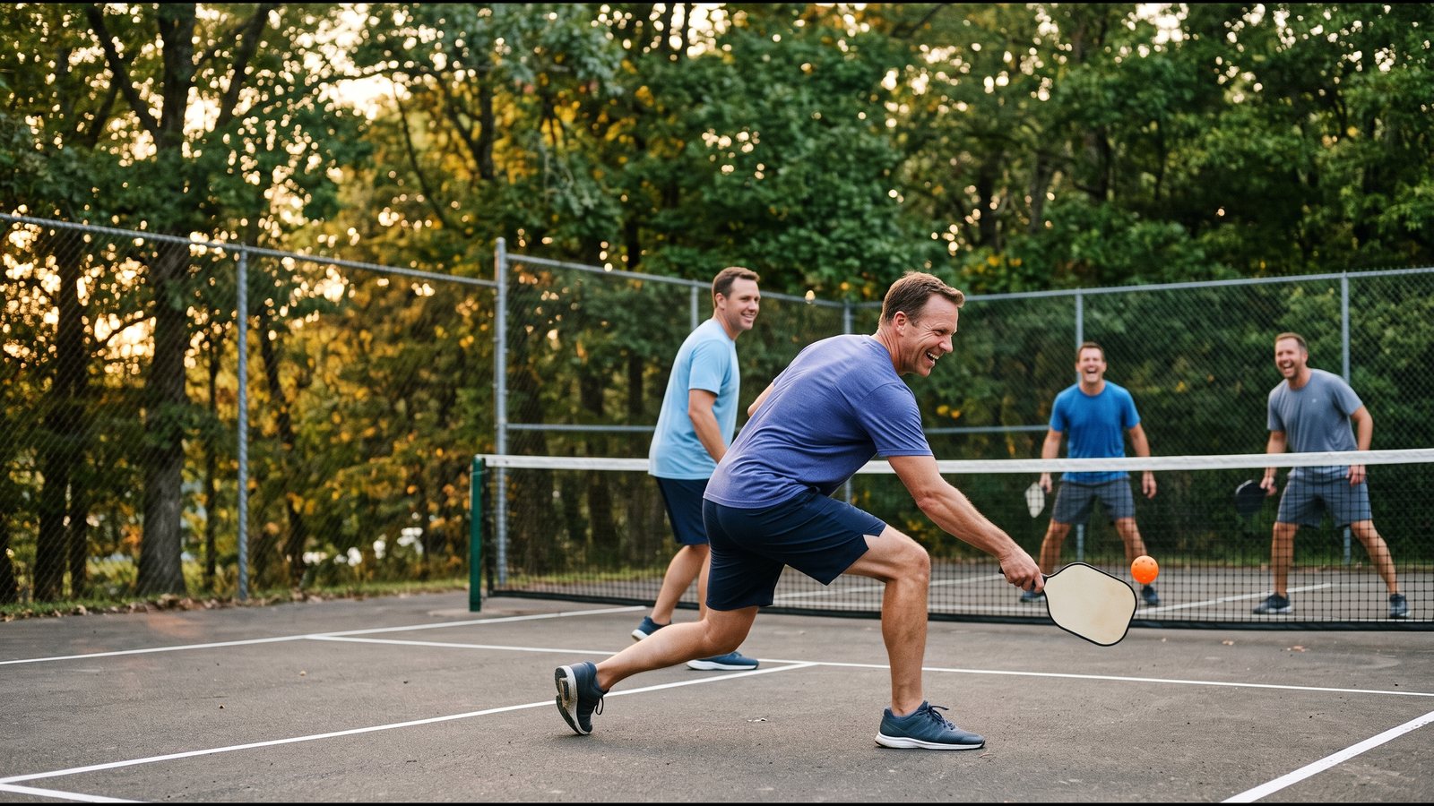 Man in his forties lunging for a shot during a friendly doubles pickleball game