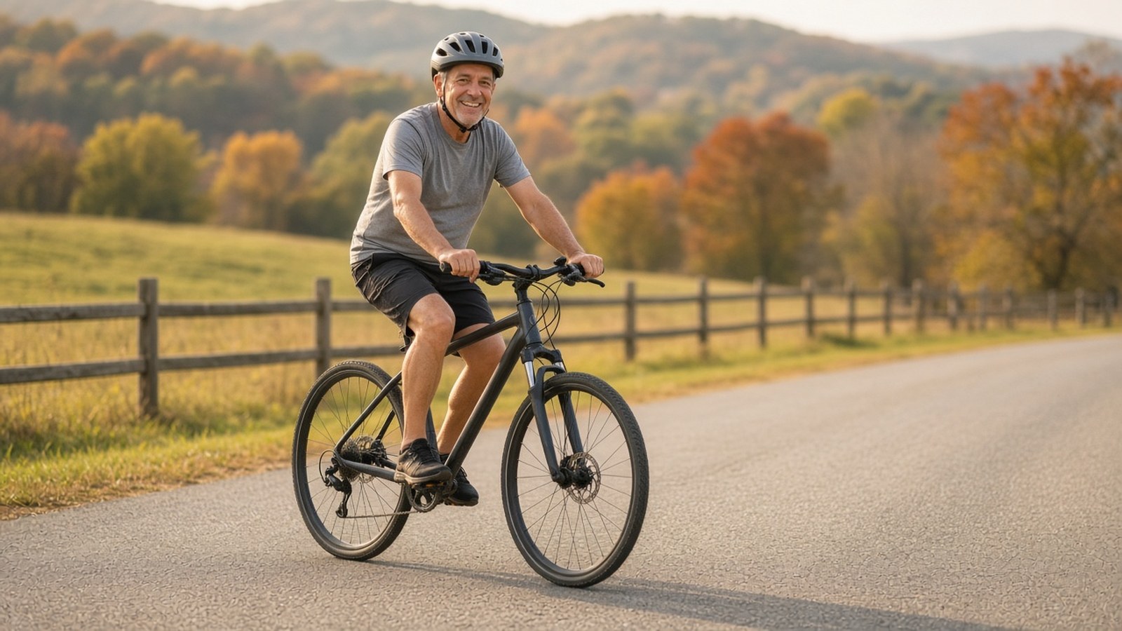 StemWave for knee arthritis: man in his 50s riding a bike along a quiet Missouri country road