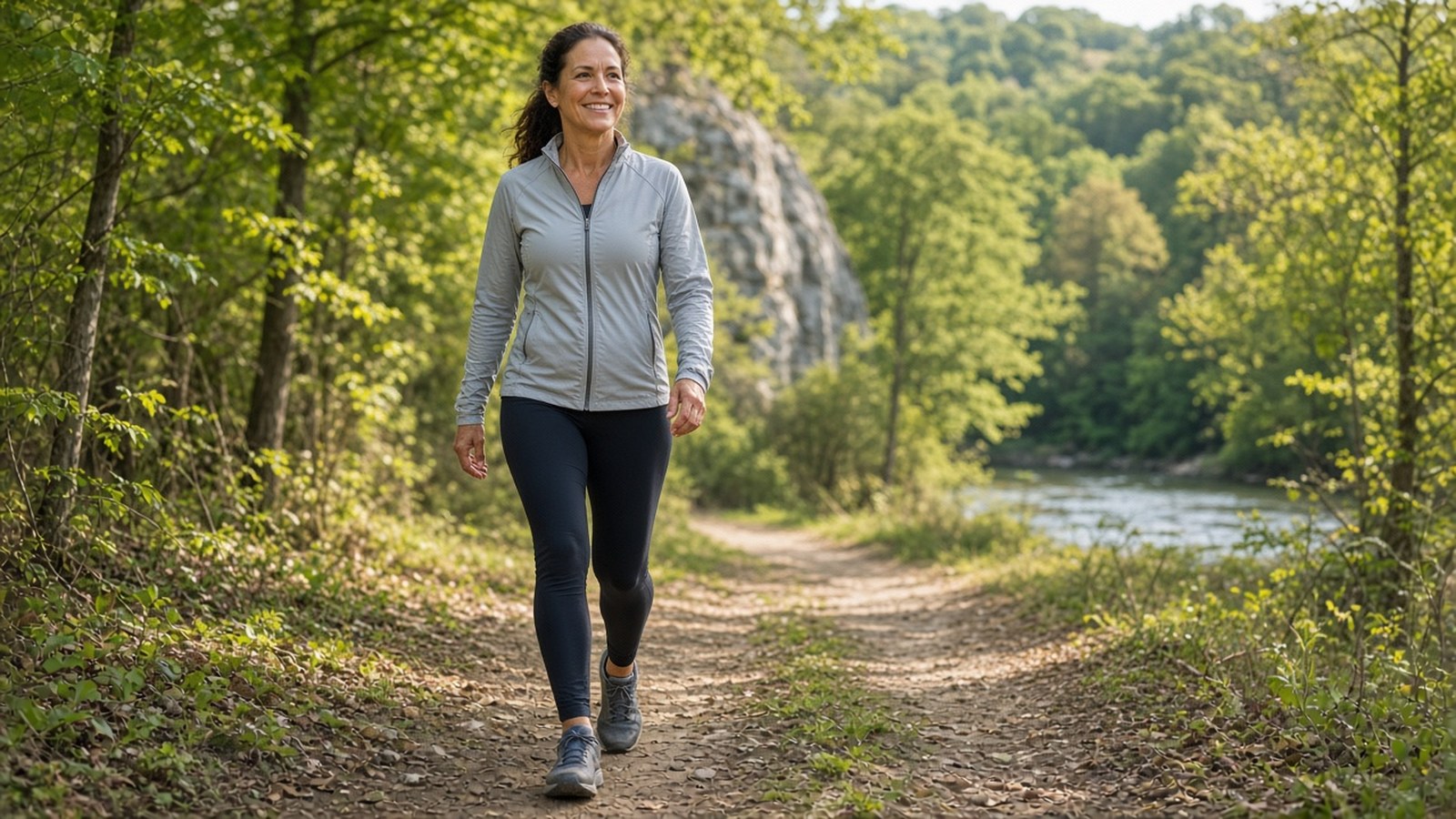 StemWave for plantar fasciitis: woman in her 40s hiking comfortably on a sunny Ozarks forest trail